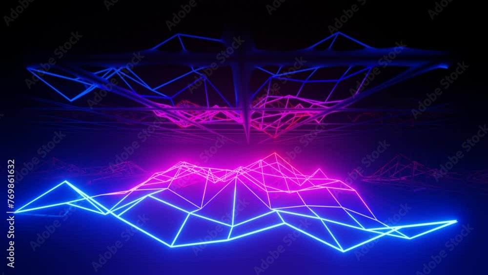 Aufkleber vj loop mirror room with fly neon frame waving surface. abstract festive bg with bright reflection. 