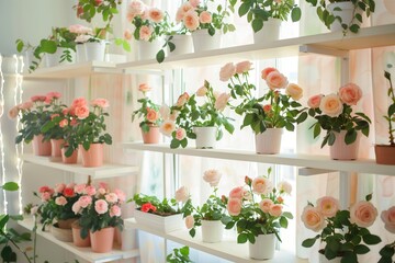 arranging potted roses on shelves in a nursery