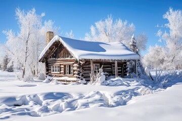 Beautiful winter landscape with old wooden house, trees and blue sky
