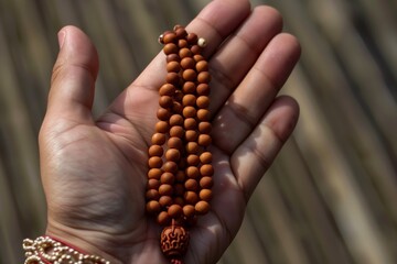 closeup hand holding a mala made of sandalwood beads for prayer - 769862071