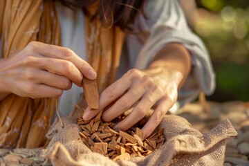 woman placing sandalwood chips into a sachet - 769862072