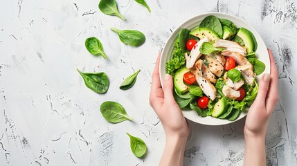 Female hands holding a bowl of salad with tomatoes, chicken, avocado, green leaves, with space for text, healthy food theme