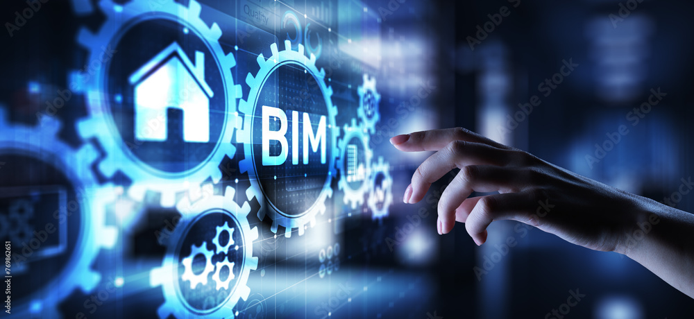 Poster bim building information modeling technology concept on virtual screen.