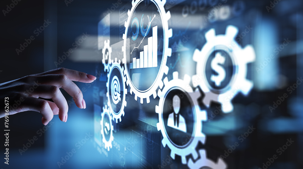 Poster business process management, automation workflow, document validation, connected gear cogs with icon