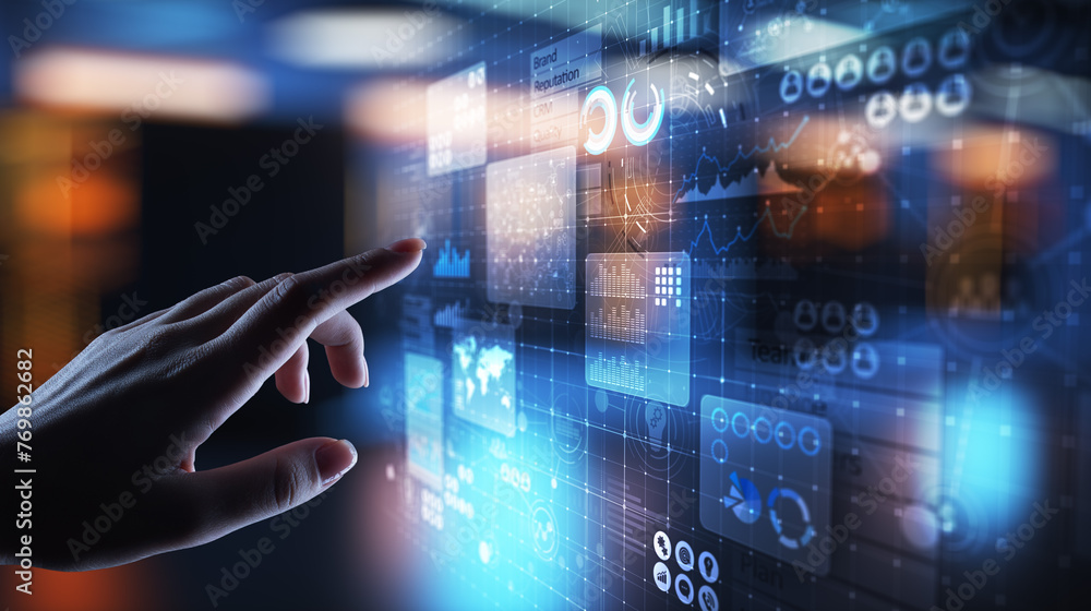 Poster business intelligence analyst dashboard on virtual screen. big data graphs charts.