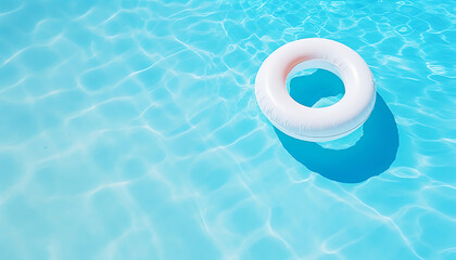 A float floats on the shimmering turquoise pool water, creating a feeling of relaxation