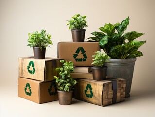 A stack of boxes with plants on top of them
