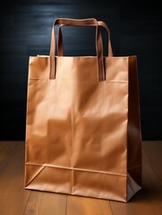 A brown paper bag with a brown handle sits on a wooden table