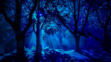Enchanted midnight forest with mystical lights