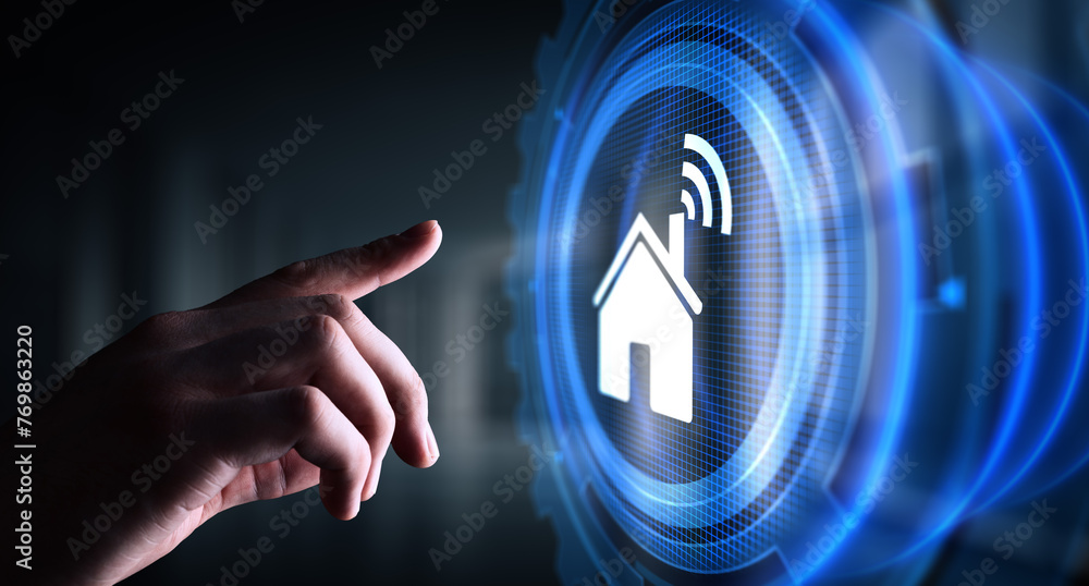 Poster smart home control panel on virtual screen. iot and automation technology concept.