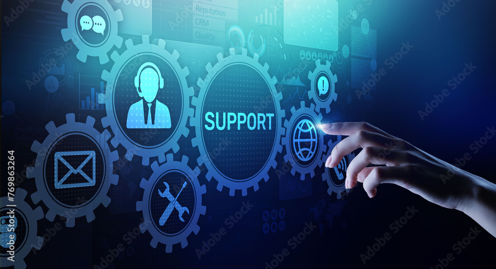 Poster Support button on virtual screen. Customer service and communication concept.