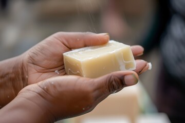 closeup of a hand passing a solid shampoo bar to another - 769863281