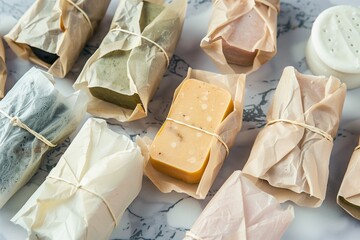 various solid shampoo bars wrapped in biodegradable paper
