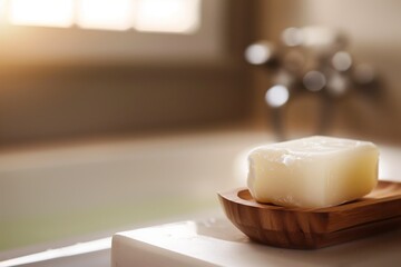 solid shampoo on a wooden soap dish beside a bathtub - 769863465