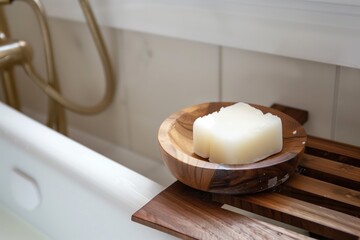 solid shampoo on a wooden soap dish beside a bathtub - 769863476