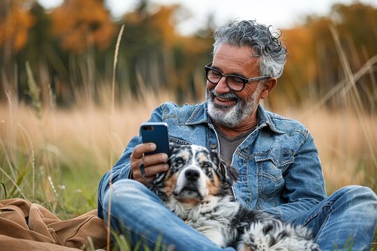 A man is sitting on the grass with his dog and looking at his phone