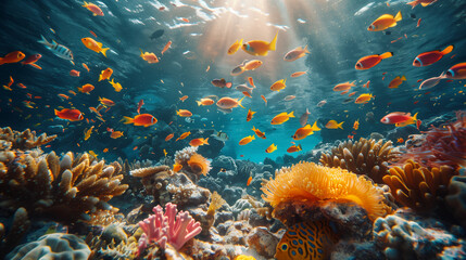 Seabed full of tropical marine life, marine flora and fauna. Underwater corals and colorful fish. Clean and well-kept oceans.