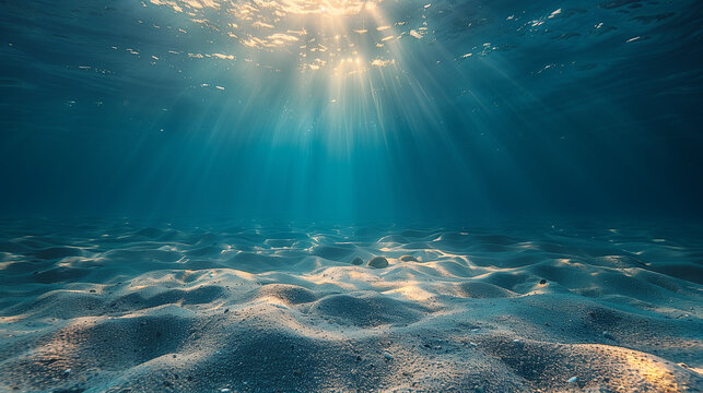 Clean underwater background with sunlight, rays of the sun from the surface. Clean, clear and plastic free ocean. Sea background.
