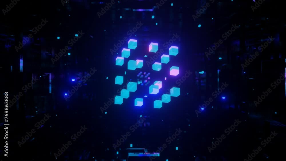 Poster cubes structure. 3d object or structure rotates and moves inside glass mirror tunnel with neon light