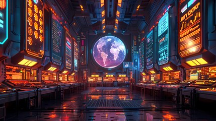 A futuristic control room features a holographic Earth in the center. Curved workstations with glowing panels flank the Earth display. Writing in an unknown language appears on the black panels.  - obrazy, fototapety, plakaty