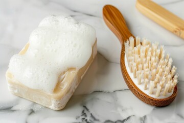 Obraz na płótnie Canvas solid shampoo bar with foam on top beside a bamboo brush