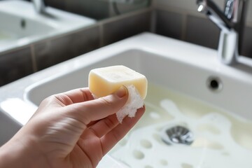 holding a solid shampoo bar over a sink about to be used - 769863844
