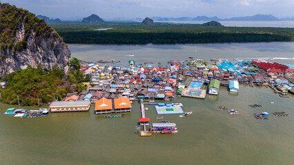 Drone Aerial View from Ko Panyi Floating Fishing Village in Thailand 
 - obrazy, fototapety, plakaty