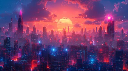 A digital artwork of a cyberpunk city at night. Towering skyscrapers pierce a dark blue sky, illuminated by vibrant neon signs and holographic advertisements. Flying vehicles streak through the air.