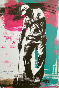 Abstract golf player in action. Stylized artwork of a golfer preparing for a swing against a vibrant abstract background 