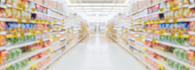 supermarket store aisle interior abstract blurred background - obrazy, fototapety, plakaty