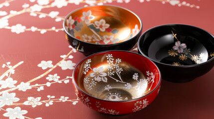 Exquisite Japanese lacquered bowls with intricate designs, set against a vibrant red background with cherry blossoms