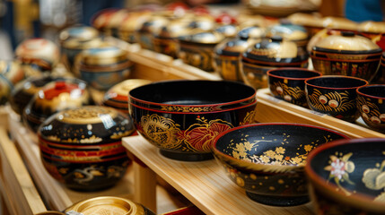 Colorful selection of traditional Japanese bowls on display, showcasing the diversity of patterns and craftsmanship