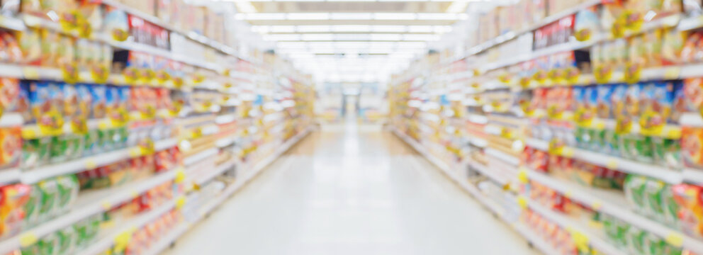 supermarket store aisle interior abstract blurred background