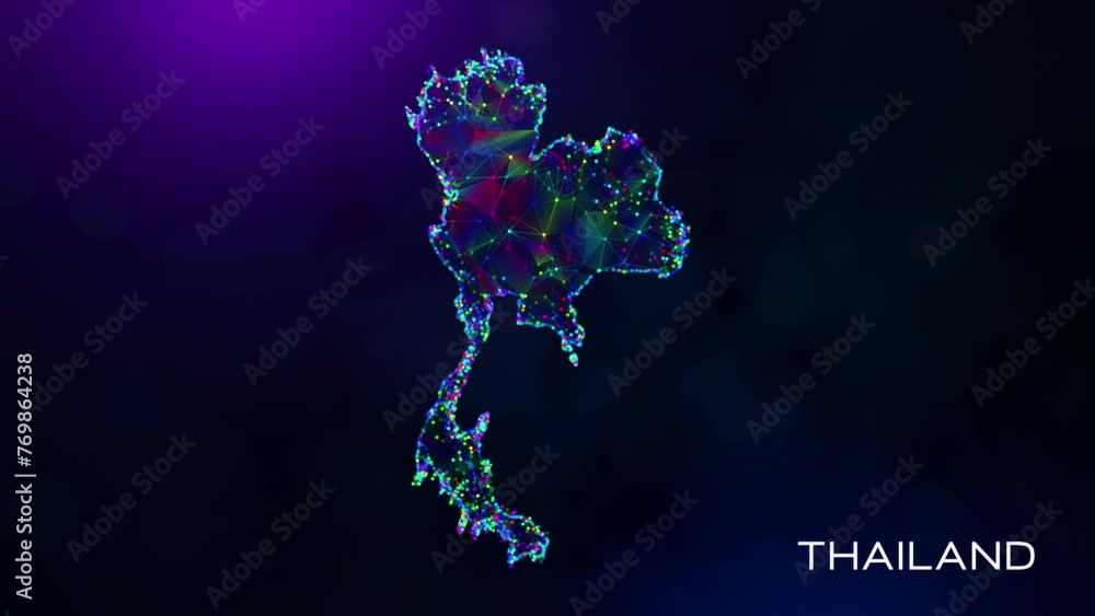 Poster futuristic motion reveal thailand map polygonal blue purple colorful connected lines and dots networ