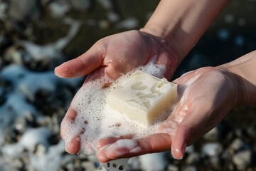 hands rubbing solid shampoo bar to create foam on hands - 769864202