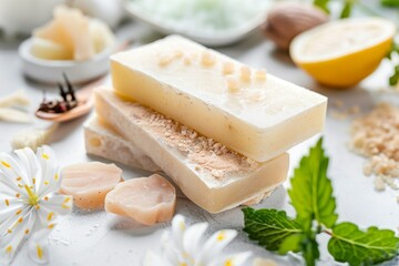 closeup of solid shampoo bars with natural ingredients around