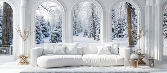 White sofa in a winter landscape with snowy trees and arched windows