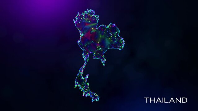 Futuristic Motion Reveal Thailand Map Polygonal Blue Purple Colorful Connected Lines And Dots Network Wireframe With Text On Hazy Flare Bokeh Background, Last 10 Seconds Seamless Loop