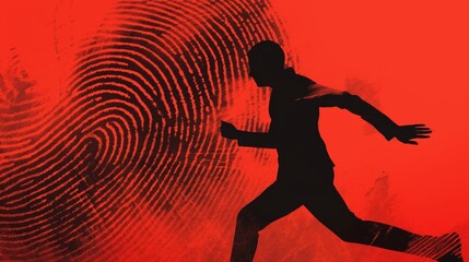 Silhouette of a running man against a backdrop of a giant fingerprint. - obrazy, fototapety, plakaty
