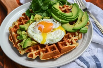 topping waffle with fried egg and avocado