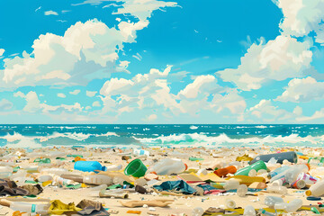 Beach full of garbage and plastic waste for environmental and recycle