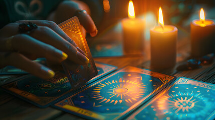 Fototapeta na wymiar A person examines a tarot card by candlelight on a wooden table.
