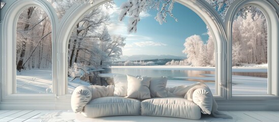 Cozy winter interior, sofa in front of window with curved frame, white trees and frozen lake view