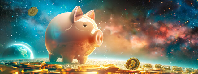 Cosmic piggy bank savings concept - obrazy, fototapety, plakaty
