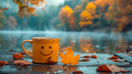A cup with a smiley face and autumn leaves in the background