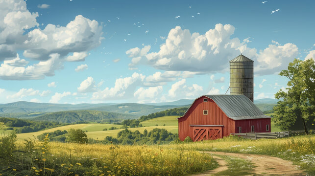 A red barn sits in a field with a large, open sky above it