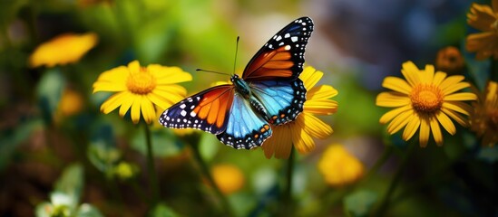 A butterfly, an insect and pollinator, is perched on a yellow flower in a natural environment,...