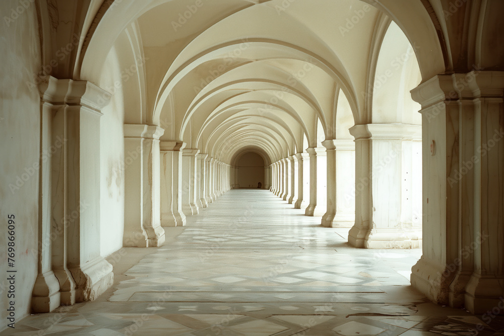 Poster an ancient arched corridor. background image. created with generative ai technology.
