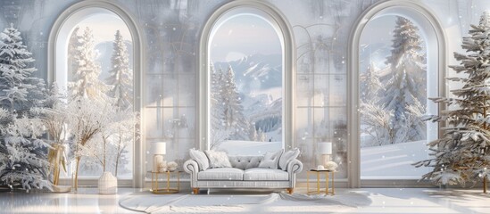 Winter landscape with sofa and arched windows. Furniture in the style of white
