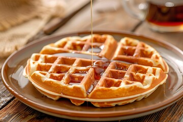 fresh waffle on plate with dripping syrup - obrazy, fototapety, plakaty